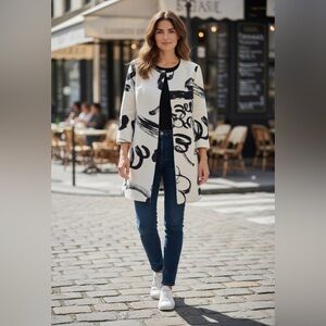 NWT Melarosa Italy Ivory & Black Art Scroll Three Quarter Sleeve Coat Jacket (L)